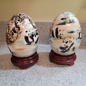 Vtg Handpainted Chinese Panda Porcelain Eggs With Wooden Bases